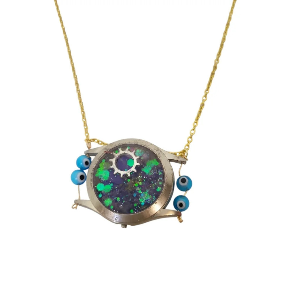 18k Gold Plated Watch Part  Lampwork Glass Eyes Necklace